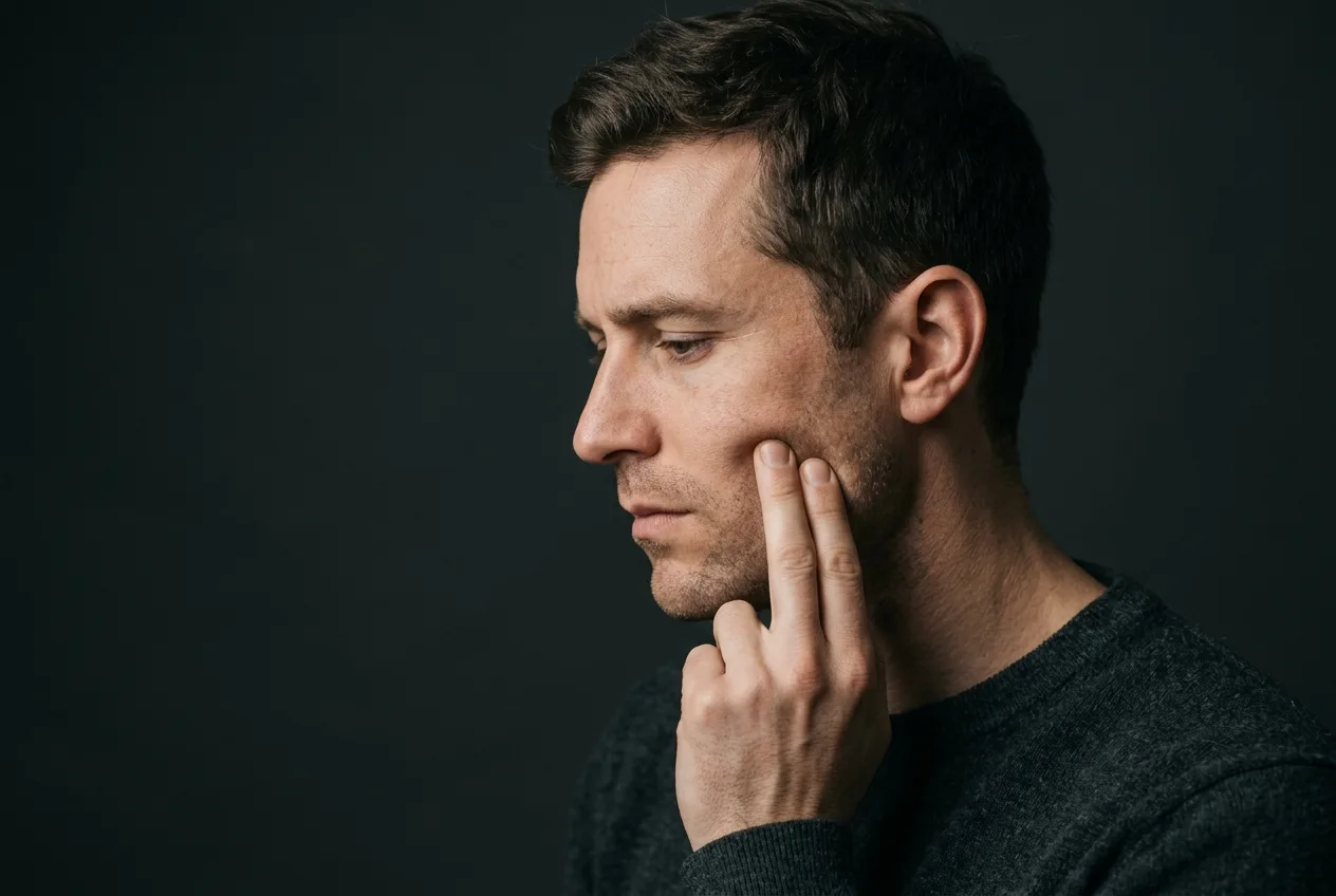 Man pressing his clenched masseter muscle, a sign of bruxism