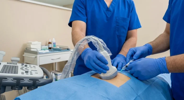 Ultrasound-guided biopsy: probe with a sterile cover and a fine needle