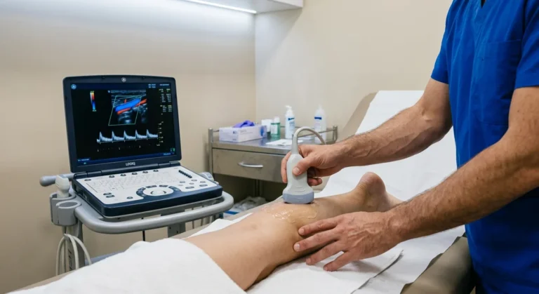 Doppler venoso de piernas: el transductor sobre la pantorrilla y el estudio en la pantalla del ecografo