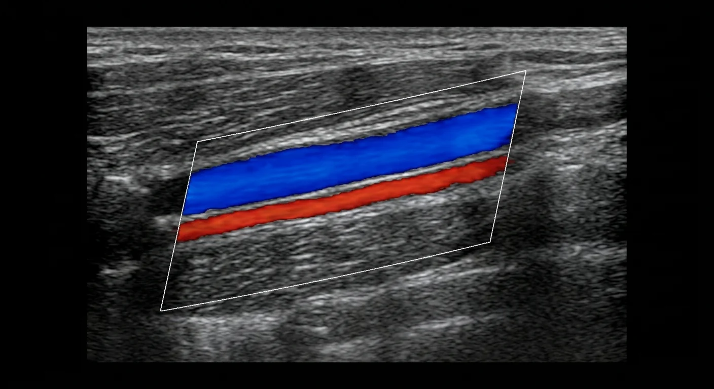 Estudio Doppler de una vena de la pierna, con el flujo de sangre en color dentro del vaso
