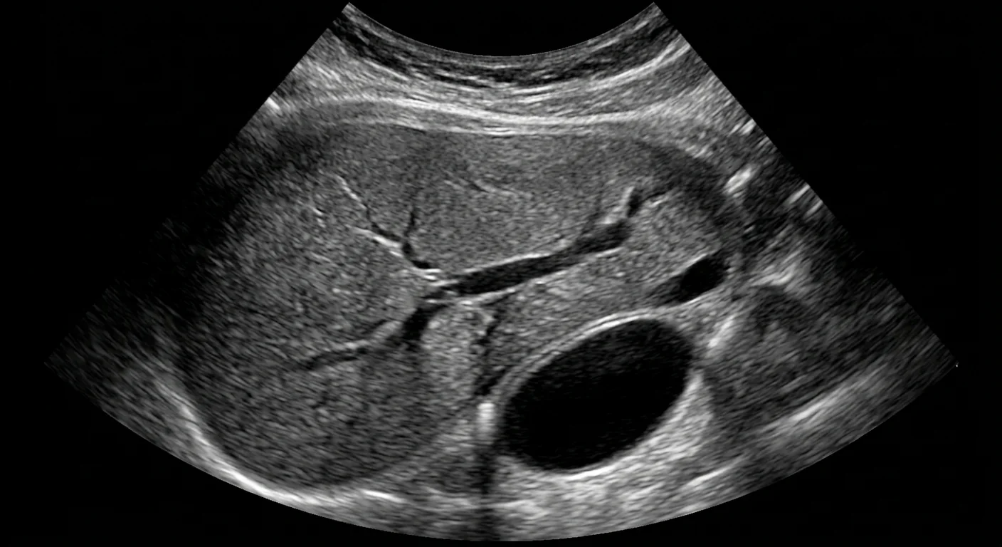 Ecografía abdominal en corte longitudinal con el hígado y la vesícula visibles