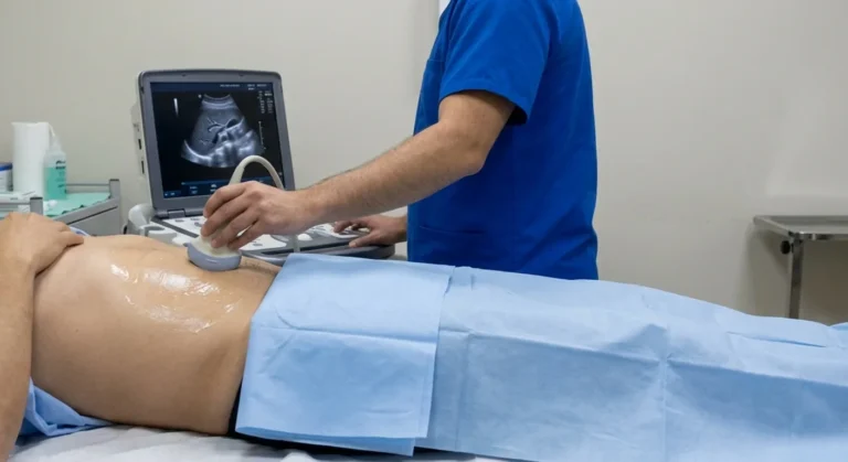 Ecografia de abdomen total: el transductor bajo las costillas y el higado en la pantalla del ecografo