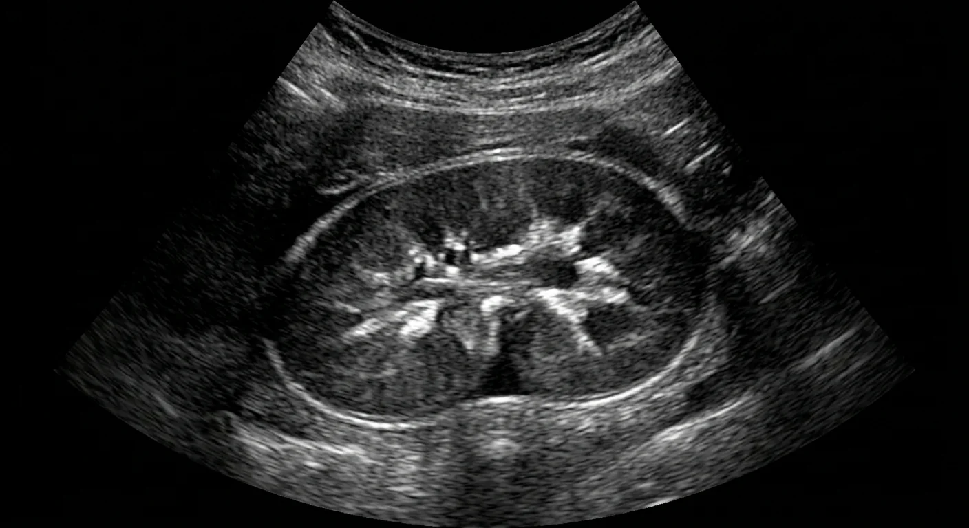 Ecografía renal en corte longitudinal, con el seno renal central más brillante