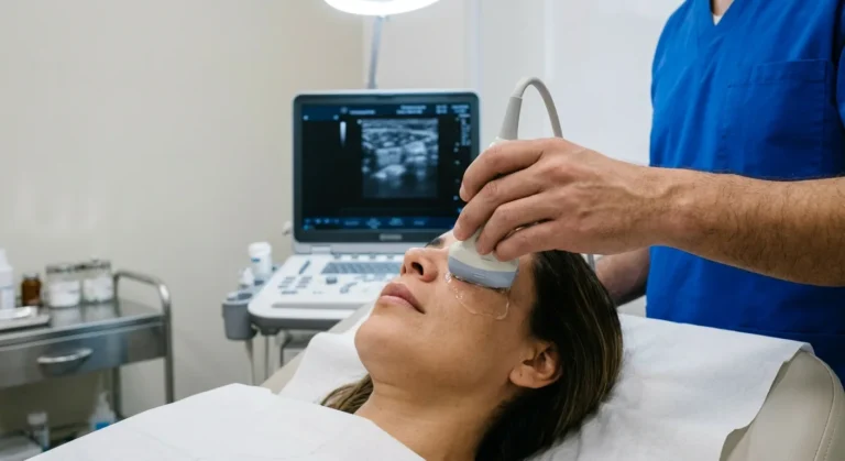 Ecografia dermatologica facial: el transductor de alta frecuencia sobre el pomulo