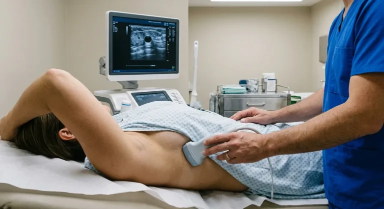 Ecografia mamaria: la paciente acostada con el brazo levantado y el transductor en la pared lateral del torax