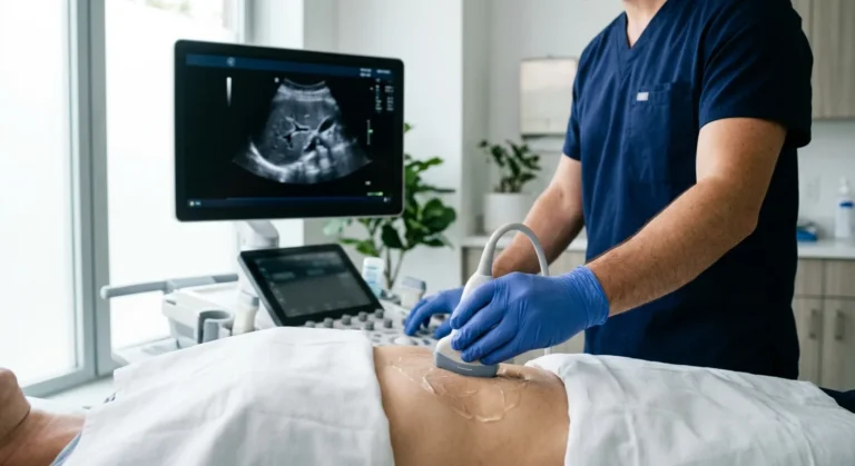 Abdominal ultrasound in progress, with the liver visible on the monitor