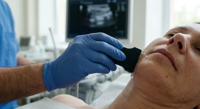 High-frequency ultrasound probe on the cheek during a facial skin study