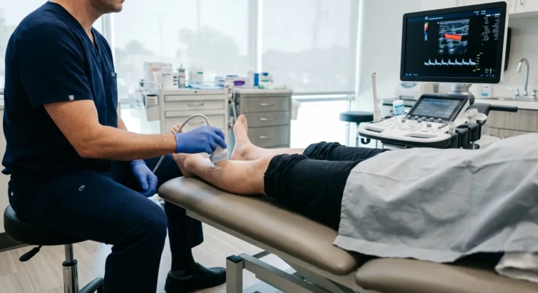 Leg venous Doppler with the patient lying down, color flow shown on the monitor