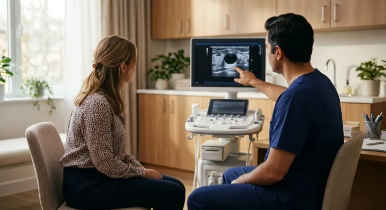Dr. Jorge Vives showing a patient her breast ultrasound image on the monitor