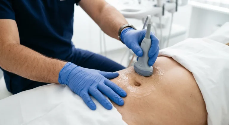 Linear probe with gel on the abdominal wall, next to the navel