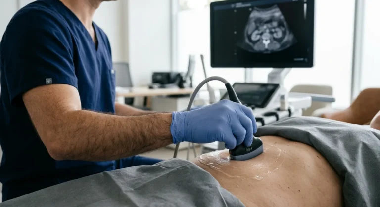 Male radiologist performing a kidney and bladder ultrasound on a patient's lower abdomen