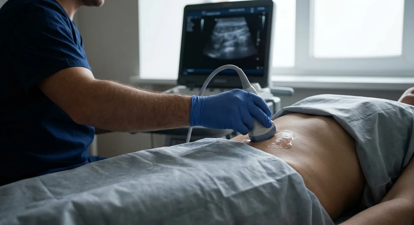 Abdominal wall ultrasound with the patient lying down, tissue layers on the monitor