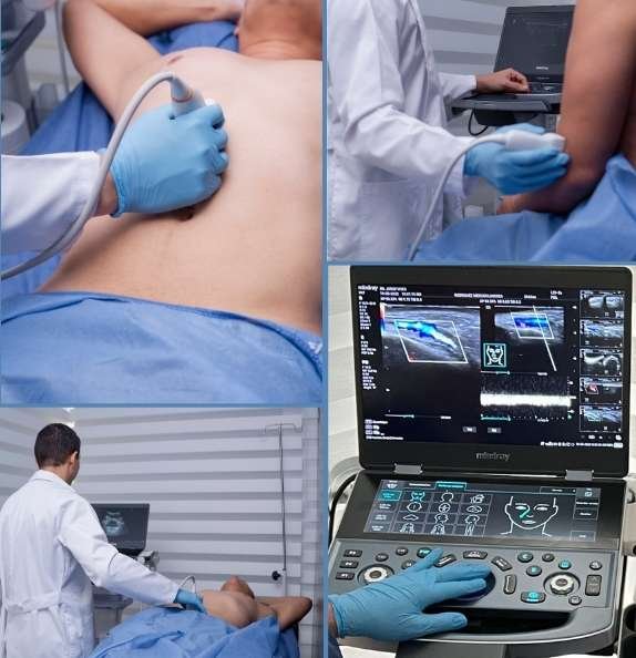 Dr. Jorge Vives scanning soft tissue with a linear probe and reviewing the study on his unit