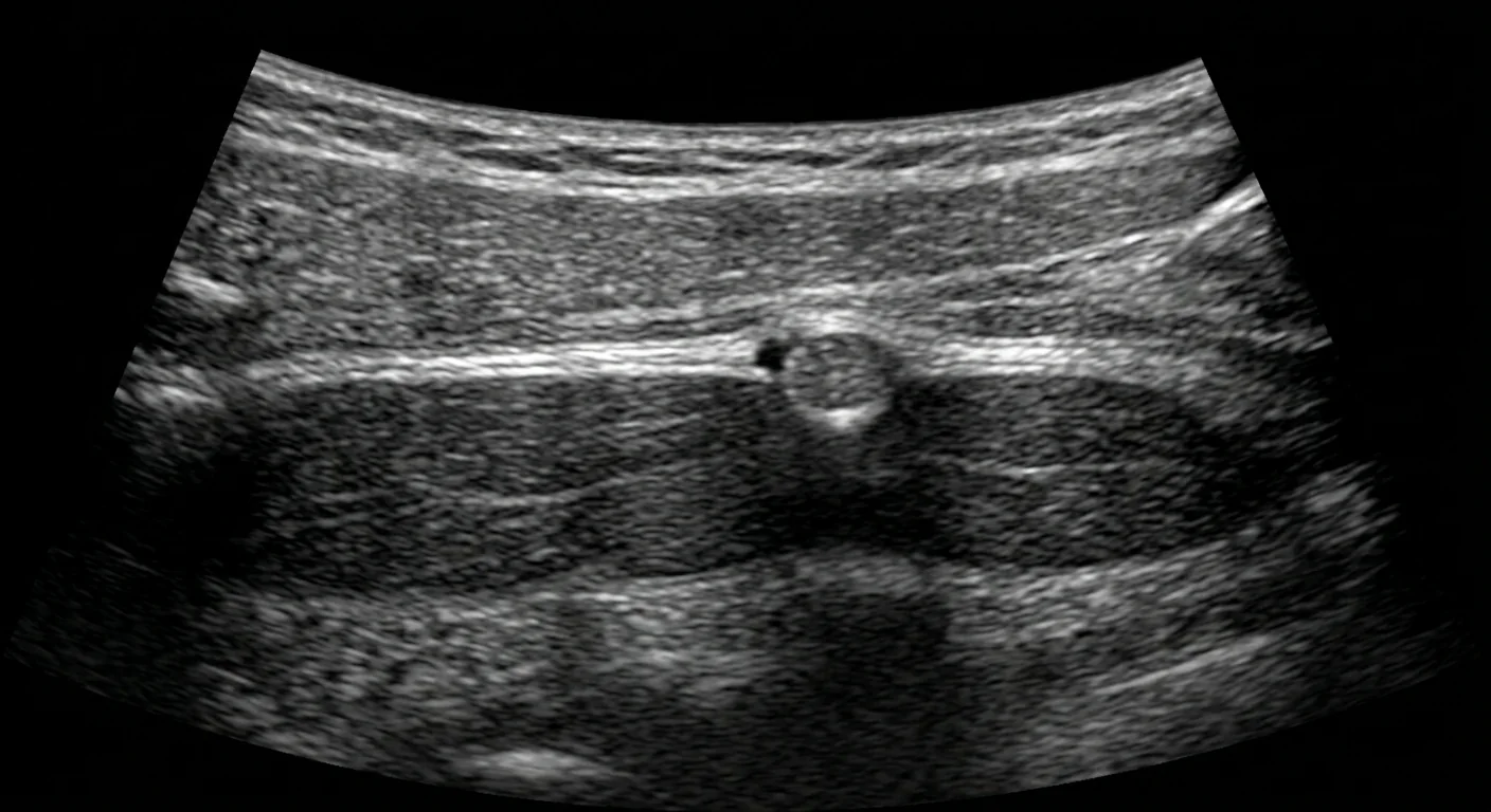 Abdominal wall ultrasound showing the layers and a small defect in the fascia