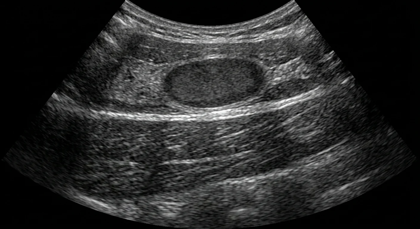 Soft tissue ultrasound showing a well-defined lesion in the subcutaneous fat