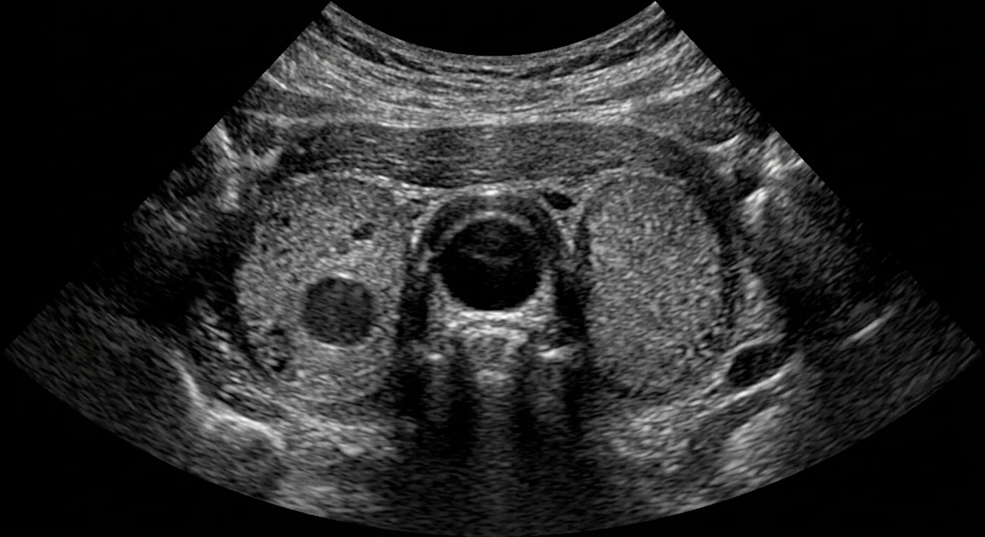 Thyroid ultrasound, cross-section view, with a visible nodule