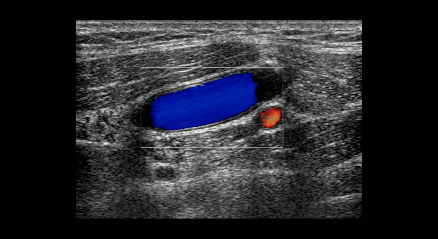 Doppler study of a leg vein, with blood flow shown in color inside the vessel